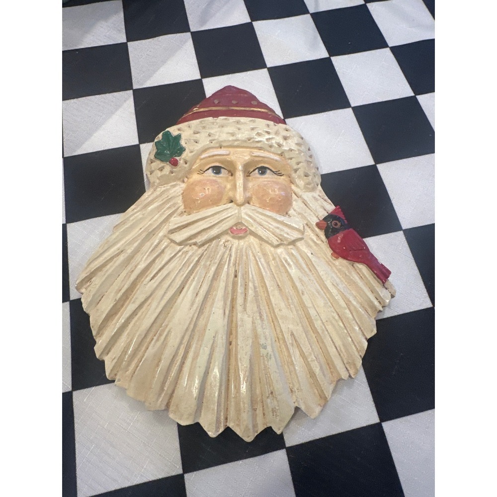 WinterWind FolkArt Santa Claus Head Wall Decor Cardinal Christmas Ornament